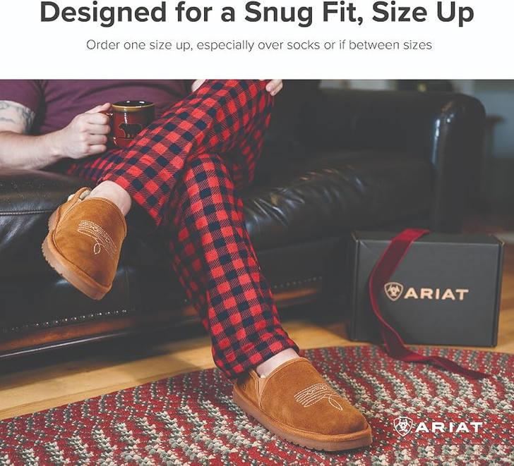 Ariat Men's Lasso Square Toe Suede Slippers – Chestnut, Faux Shearling Lined