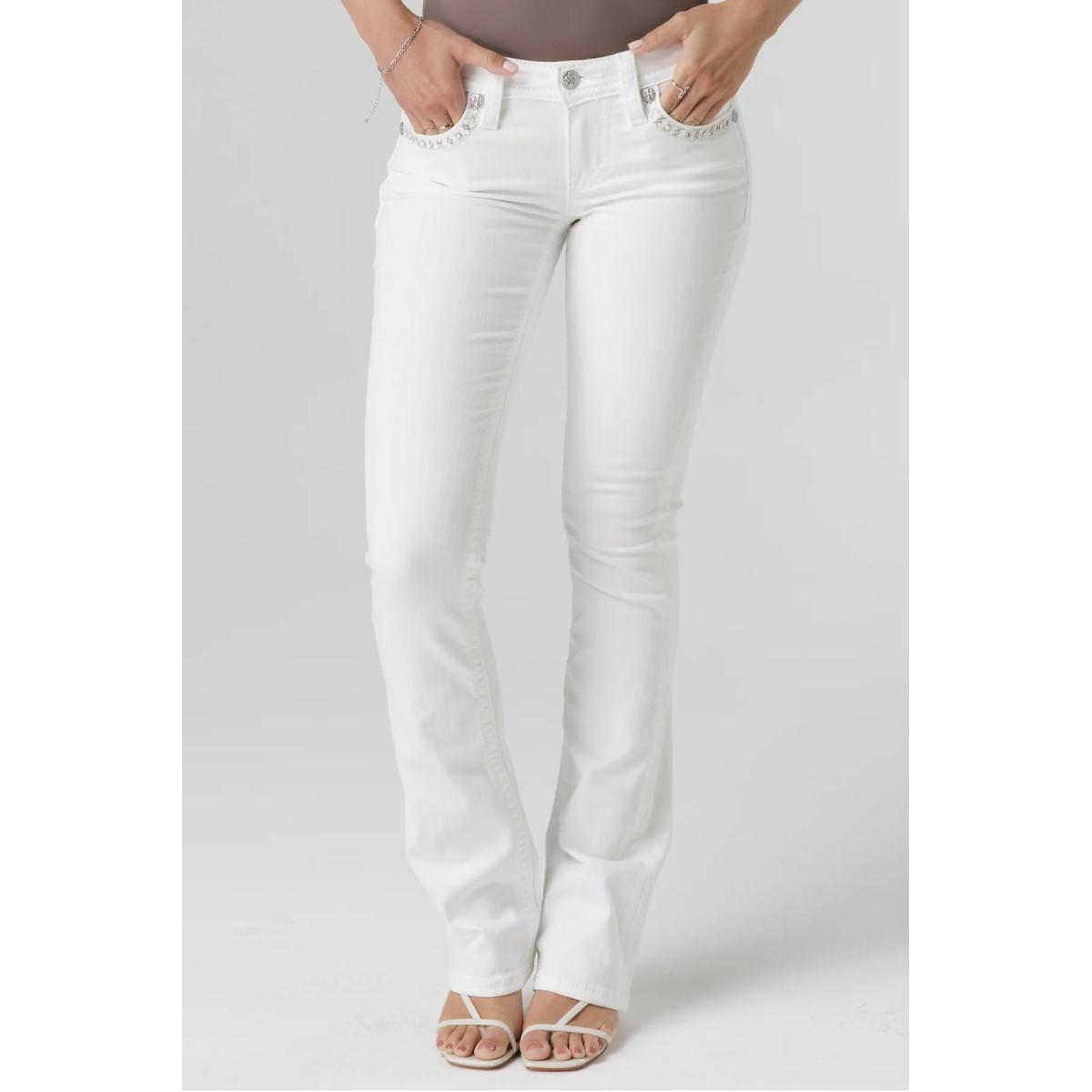 Miss Me Women's Aspen White Mid Rise Boot Cut Straight Denim Jean