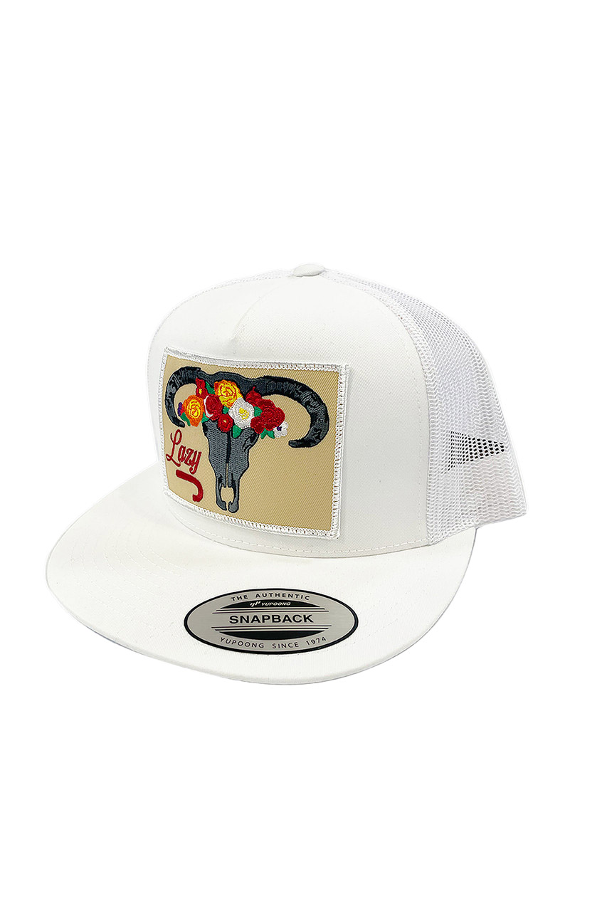 Lazy J Skull & Flowers Snapback Trucker White Patch Cap Hat - Whtwht4skull