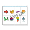 Notebook with cartoon images including a red wagon, yellow box, purple candy, orange bowl, green dinosaur, ladybug, yellow flower, and robot, for educational or children's activities.