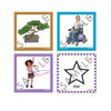 Educational Flashcards Set, four flashcards including a bonsai tree, a woman in a wheelchair, a girl playing with a hula hoop, and a star drawing with the word 'star'. Educational Flashcards Set, four flashcards including a bonsai tree, a woman in a wheelchair, a girl playing with a hula hoop, and a star drawing with the word 'star'.