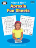 Say & Do Apraxia Fun Sheets, educational activity worksheets for children with communication disorders, featuring images of activities and a smiling girl coloring.