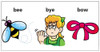 Educational flashcards featuring a bee, a girl saying bye, and a pink bow, with corresponding words for learning.
