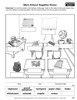 School Supplies Scene, illustration of classroom with various school supplies including backpack, paper clips, eraser, pencil sharpener, stapler, folders, whiteboard, calendar, and other educational items.
