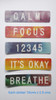 Inspirational quote stickers set, colorful rectangular stickers with motivational phrases and numbers, including 'CALM', 'FOCUS', '12345', 'IT'S OKAY', and 'BREATHE'.