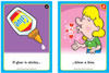 Kiss Glue, illustrated cartoon of glue bottle with drop and a girl blowing a kiss with hearts