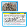 Educational flashcard featuring a group of monkeys, labeled as 'Product 58', with a story titled 'Good Morning, Marcel' about monkeys in a zoo. The card includes questions about the meaning of 'embrace' and when to embrace someone.