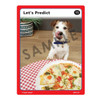 Let’s Predict, image of a playful dog with tongue out licking its nose in front of a pizza on a checkered tablecloth. Let’s Predict, image of a playful dog with tongue out licking its nose in front of a pizza on a checkered tablecloth.