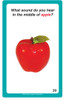 Product Card, red apple with green leaf and a question about the sound heard in the middle of the apple.