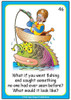 Fishing-themed educational card, featuring a cartoon boy in a boat catching a colorful, unusual fish with multiple eyes and a friendly expression, illustrating a creative scenario of a new or unknown catch.