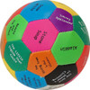 Colorful foam ball with various children's story titles,' made up of small hexagonal  patches.