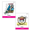 Educational flashcards for preschool children, featuring cartoon illustrations of a dump truck and a person jumping rope, with words 'dump' and 'jump' respectively, used for early learning of verbs and actions.
