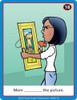 Educational Flashcard, a woman holding a framed picture of a rainbow and landscape for language learning.