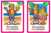 Educational flashcards featuring cartoon monkeys, one monkey holding a banana, with the text 'One monkey has a banana' and another monkey with a friend, both holding bananas, with the text 'Two monkeys have bananas' for learning English vocabulary for kids.