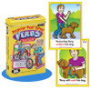 VERB B's Fun Deck, educational flashcards featuring sentences about walking a dog, with illustrated children and dogs.