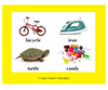 Educational flashcards, bicycle, iron, turtle, and candy illustrations for learning.