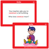 Educational Flashcards, colorful flashcards featuring verb 'construct' with example sentences and a cartoon boy playing with building blocks for language learning.