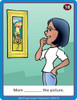 Educational activity card, cartoon image of a woman smiling and contemplating a colorful art painting on the wall.