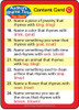 Auditory Rhyme Time Fun Deck Content Card, educational card featuring rhyme questions about jewelry, colors, clothing, animals, and objects for children.