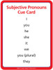 Subjective Pronouns Cue Card, educational card displaying pronouns like I, you, he, she, it, we, you (plural), they. Subjective Pronouns Cue Card, educational card displaying pronouns like I, you, he, she, it, we, you (plural), they.