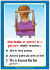 Educational card game, illustration of a woman with red curly hair, wearing a purple dress, holding a picture frame, with text explaining she looks as pretty as a picture. Educational card game, illustration of a woman with red curly hair, wearing a purple dress, holding a picture frame, with text explaining she looks as pretty as a picture.
