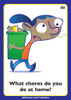 What chores do you do at home? - Illustration of a character carrying a trash can filled with household items.