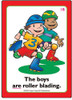 Flashcards for kids, colorful illustration of two boys rollerblading with helmets and protective gear