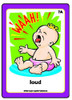 Loud, baby cartoon character on a card, expressing loudness with an open mouth and outstretched arms, in a playful, colorful illustration. Loud, baby cartoon character on a card, expressing loudness with an open mouth and outstretched arms, in a playful, colorful illustration.