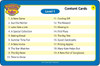 Content Cards, list of story titles and activities for children's book or educational game, featuring Level 1 content with various story themes and activities.