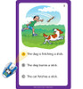 Educational Flashcard for Kids, child playing fetch with a dog in a park to teach about animals and actions.