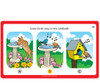 Educational children's activity card, birds singing in birdbath with birdhouse, colorful illustration for kids.