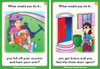 Educational Telling Time Card, illustration showing two scenarios of what to do if you fall off your scooter or if you get home and find the door open.