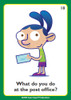 Post Office Scene, cartoon girl with blue hair holding an envelope and asking 'What do you do at the post office?'