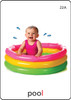 Baby Pool, inflatable multi-colored swimming pool for children with a smiling baby in pink swimwear sitting inside it.