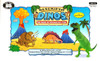 Descrição DINOS, the game of vocabulary fun, educational card game for children, with colorful dinosaur illustrations and volcano background.