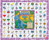 Educational dinosaur vocabulary game, illustrated colorful board game featuring a Tyrannosaurus rex and various vocabulary words and images for kids.