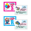 Merry-Go-Sound Initials Educational Flashcards, flashcards with colorful illustrations of a horse and a girl, featuring the letter S with a sentence about a leather saddle and the letter R with a sentence about a radio.