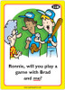 Playing Card, Illustration of a playful card from the Super Duper Inc. game series featuring characters Ronnie, Brad, and an elderly woman in a colorful cartoon style.