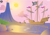 Treasure Map, cartoon pirate ship with black flag and skull and crossbones in a scenic landscape with mountains, water, and a girl sitting on the shore.