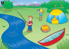 Camping Gear, a colorful outdoor scene featuring a tent, a canoe, a campfire, and children fishing and exploring the wilderness near a river with trees and mountains in the background.