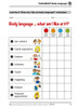 Activity worksheet titled 'What am I like at body language?', showing a chart for rating body language skills with categories like eye contact, facial expression, gesture, distance, touch, fidgeting, posture, and personal appearance, with icons representing different levels of positive feedback.