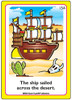 Pirate Ship Toy, colorful cartoon illustration of a pirate ship sailing across a desert with a cactus and a rabbit skull in the foreground.