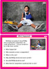 Educational worksheet pages for children, featuring a young girl sitting against a concrete wall with a skateboard and backpack, with a story and questions about a character named Phillip.