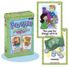 Function Match-Ups Fun Deck, educational card game for children with playing cards, a dollar bill, coins, and illustrated characters promoting learning about exchanging money and buying things.