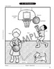 Basketball Drills Worksheet, children playing basketball with a dog, showing various basketball activities and vocabulary words.