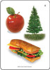 Apple, a shiny red apple with a green leaf next to a Christmas tree and a ham and vegetable sandwich.