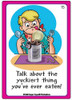 Talking about the yuckiest thing you've ever eaten, cartoon illustration of a boy with a can lid on his head, tentacles coming out of the can, and holding a spoon and fork