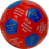 Therapeutic mini Soccer Ball, a red and blue soccer ball with words and qualities like balanced, loyal, visionary, and kind printed on its panels.