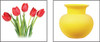 Tulips and Yellow Vase, image of a bouquet of red tulips with green stems and leaves alongside a bright yellow ceramic vase.