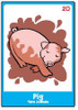 Pig, cartoon illustration of a cute pig lying down with eyes closed, representing a farm animal in a playful style.